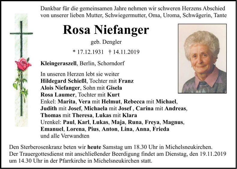 Traueranzeige Rosa Niefanger