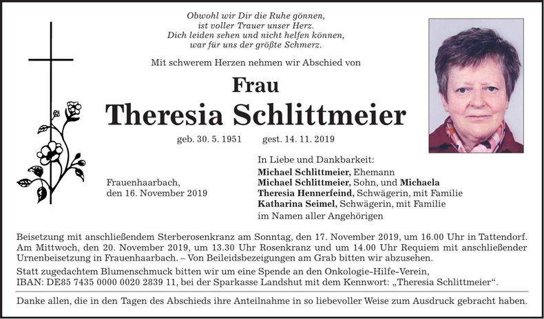 Traueranzeige Theresia Schlittmeier