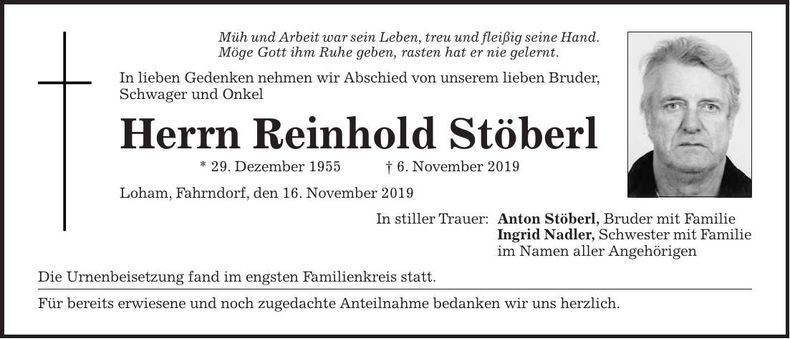 Traueranzeige Reinhold Stöberl