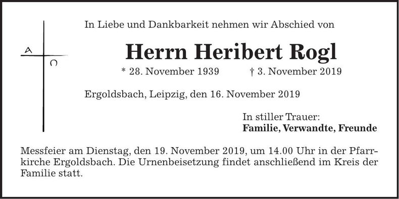 Traueranzeige Heribert Rogl