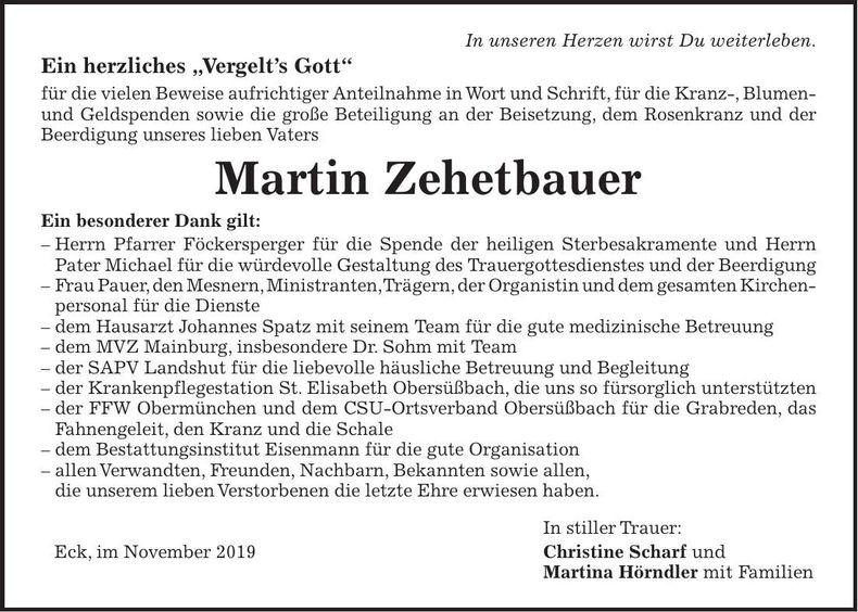 Traueranzeige Martin Zehetbauer