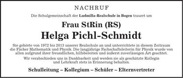 Traueranzeige Helga Pichl-Schmidt