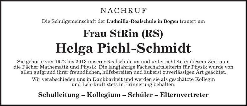 Traueranzeige Helga Pichl-Schmidt