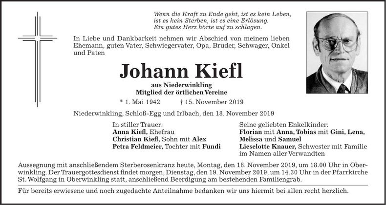 Traueranzeige Johann Kiefl