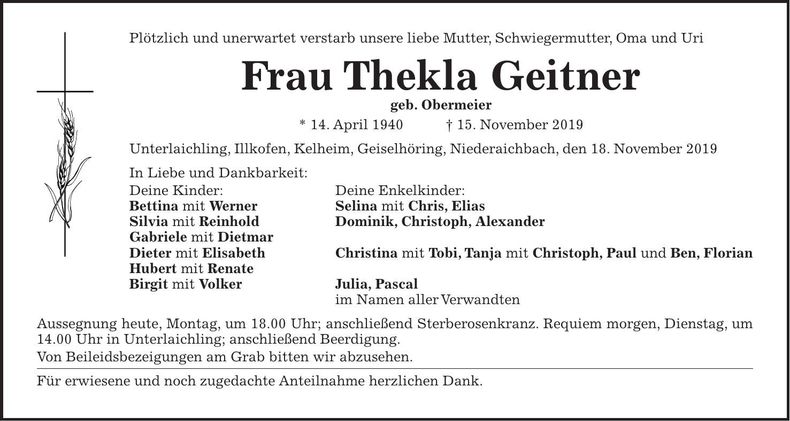 Traueranzeige Thekla Geitner
