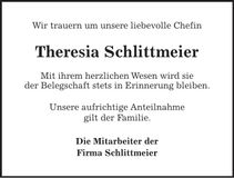 Traueranzeige Theresia Schlittmeier