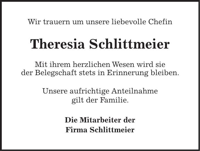 Traueranzeige Theresia Schlittmeier
