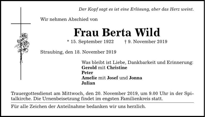 Traueranzeige Berta Wild