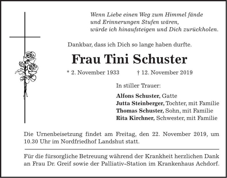 Traueranzeige Tini Schuster