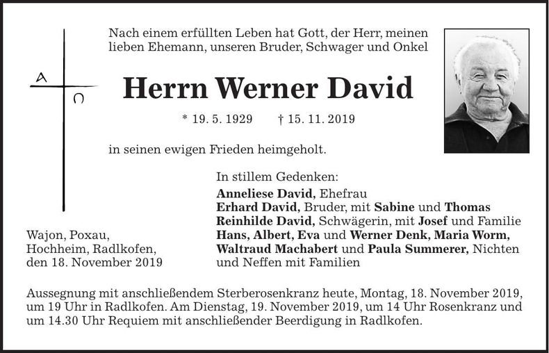 Traueranzeige Werner David