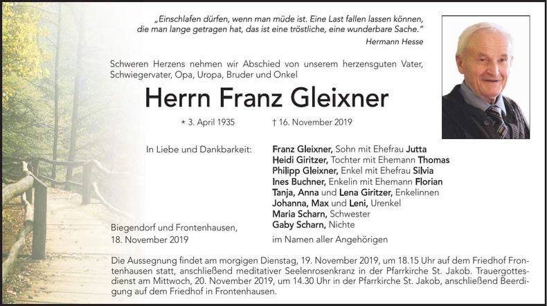 Traueranzeige Franz Gleixner