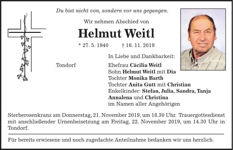 Traueranzeige Helmut Weitl