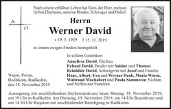 Traueranzeige Werner David