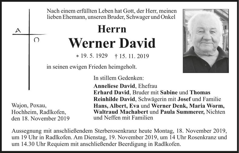 Traueranzeige Werner David