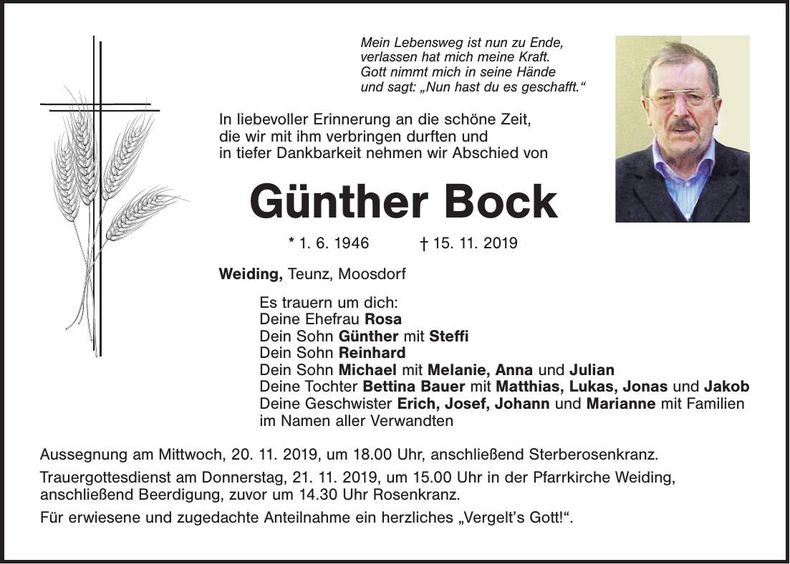 Traueranzeige Günther Bock