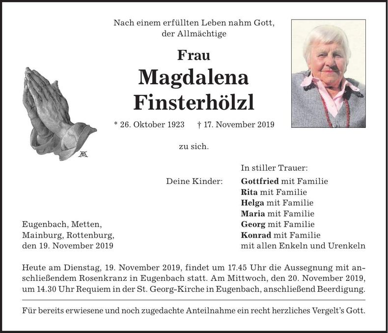 Traueranzeige Magdalena Finsterhölzl