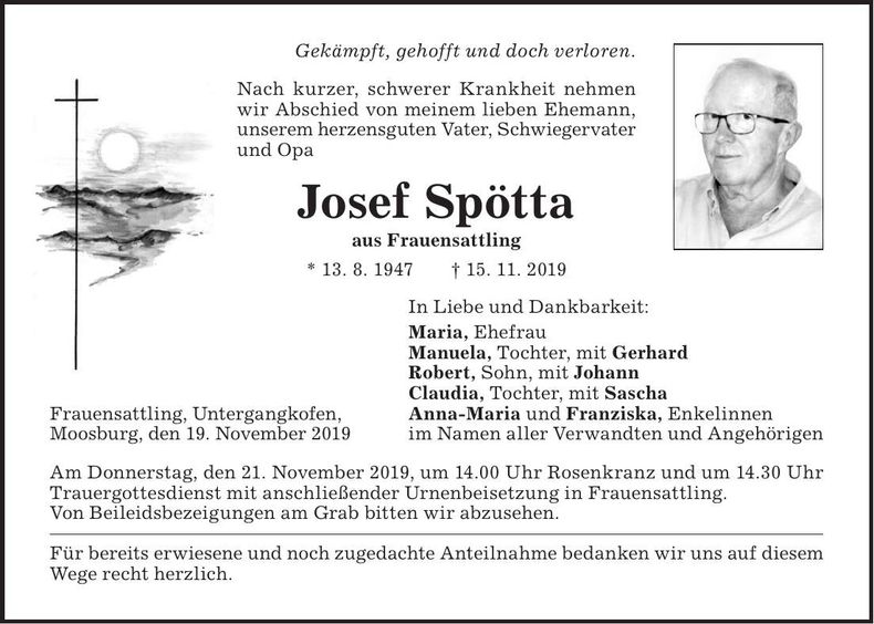 Traueranzeige Josef Spötta
