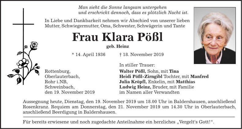 Traueranzeige Klara Pößl
