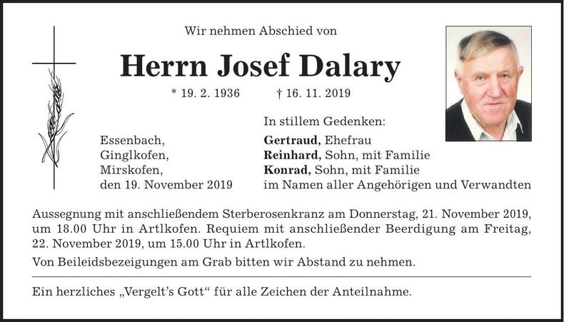 Traueranzeige Josef Dalary