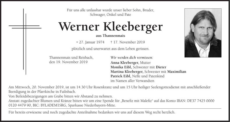 Traueranzeige Werner Kleeberger