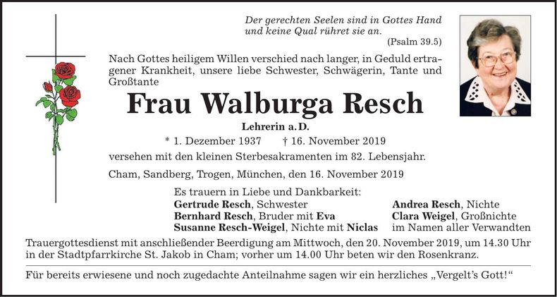 Traueranzeige Walburga Resch