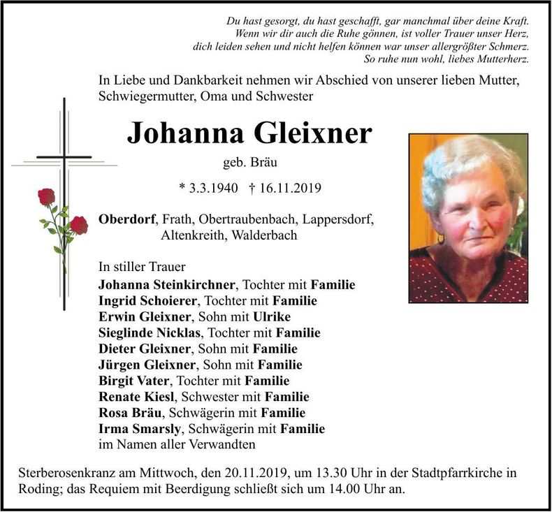 Traueranzeige Johanna Gleixner