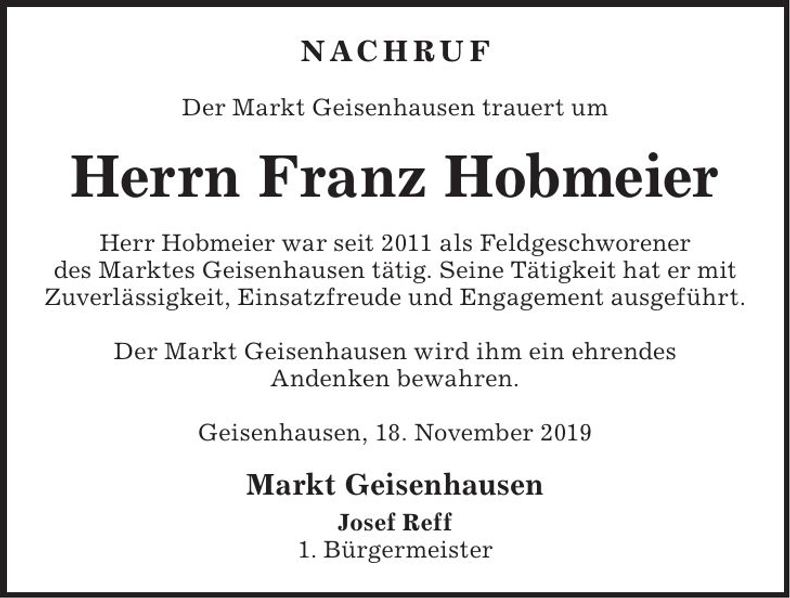 Traueranzeige Franz Hobmeier