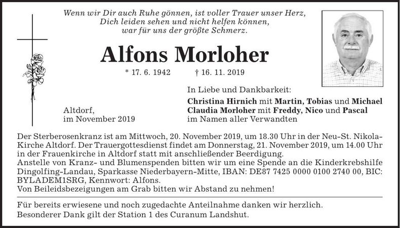 Traueranzeige Alfons Morlohrer
