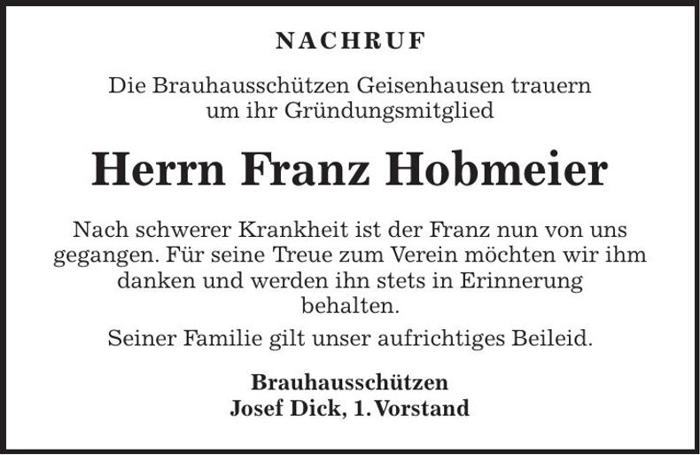 Traueranzeige Josef Hobmeier