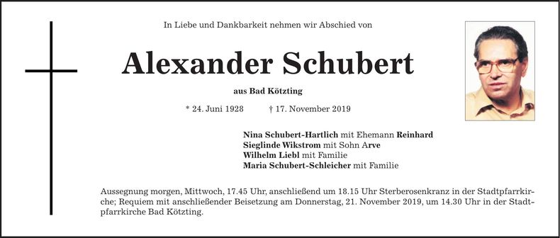 Traueranzeige Alexander Schubert