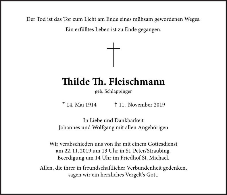 Traueranzeige Thilde Fleischmann