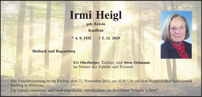 Traueranzeige Irmi Heigl