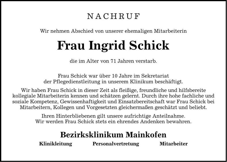 Traueranzeige Ingrid Schick
