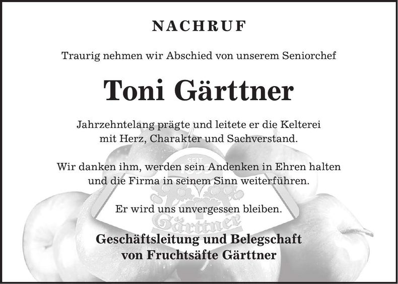 Traueranzeige Toni Gärttner