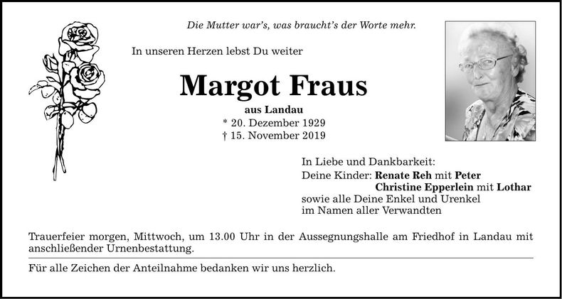 Traueranzeige Margot Fraus
