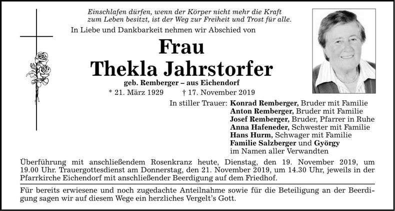 Traueranzeige Thekla Jahrstorfer