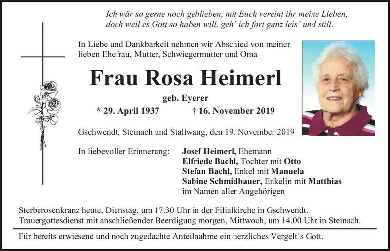Traueranzeige Rosa Heimerl