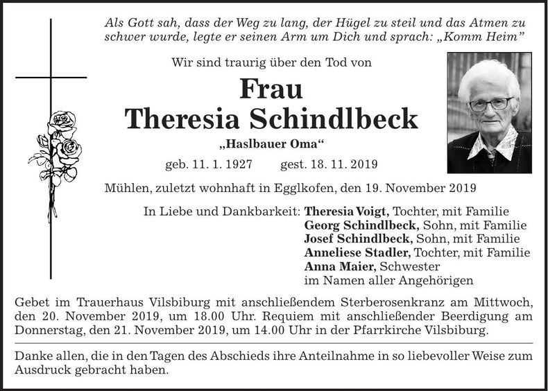 Traueranzeige Theresia Schindlbeck