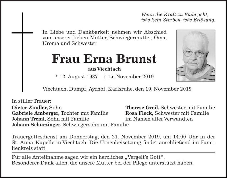 Traueranzeige Erna Brunst