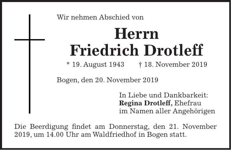 Traueranzeige Friedrich Drotleff
