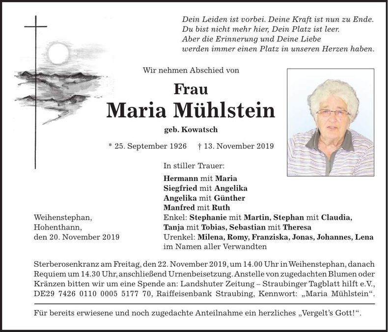 Traueranzeige Maria Mühlstein