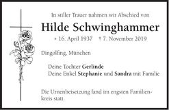 Traueranzeige Hilde Schwinghammer