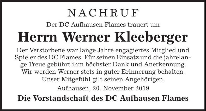 Traueranzeige Werner Kleeberger