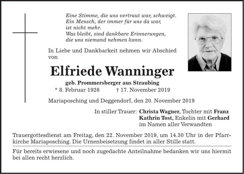 Traueranzeige Elfriede Wanninger