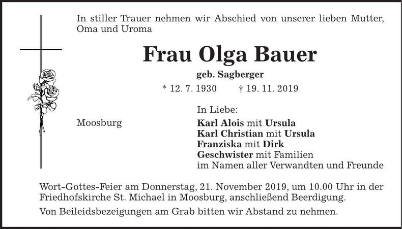 Traueranzeige Olga Bauer