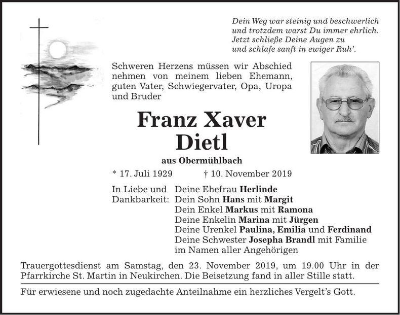 Traueranzeige Franz Xaver Dietl