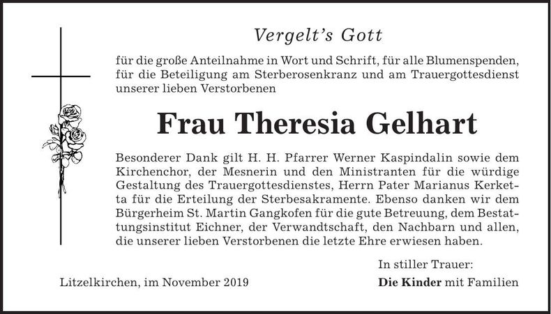 Traueranzeige Theresia Gelhart