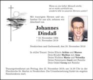 Traueranzeige Johannes Dindaß