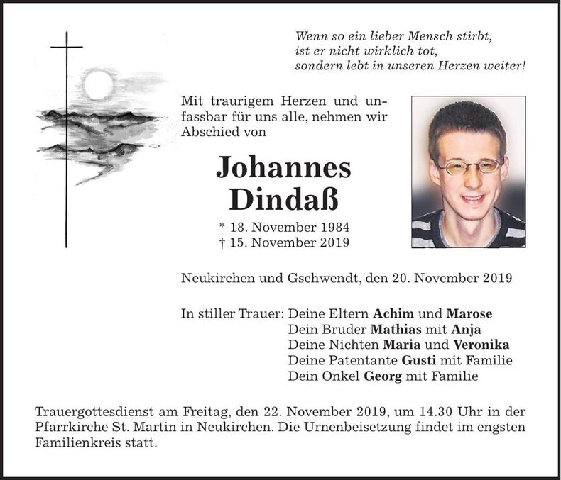 Traueranzeige Johannes Dindaß