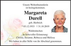 Traueranzeige Margareta Durell